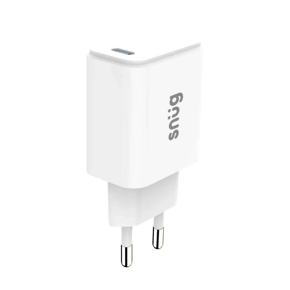 Front view of the White Snug 25W GaN Wall Adapter Charger, highlighting its compact design.