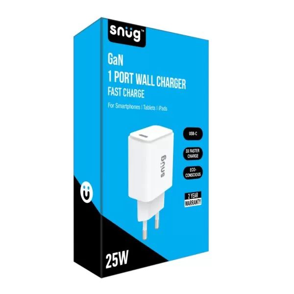 Box packaging of the White Snug 25W GaN Wall Adapter Charger.