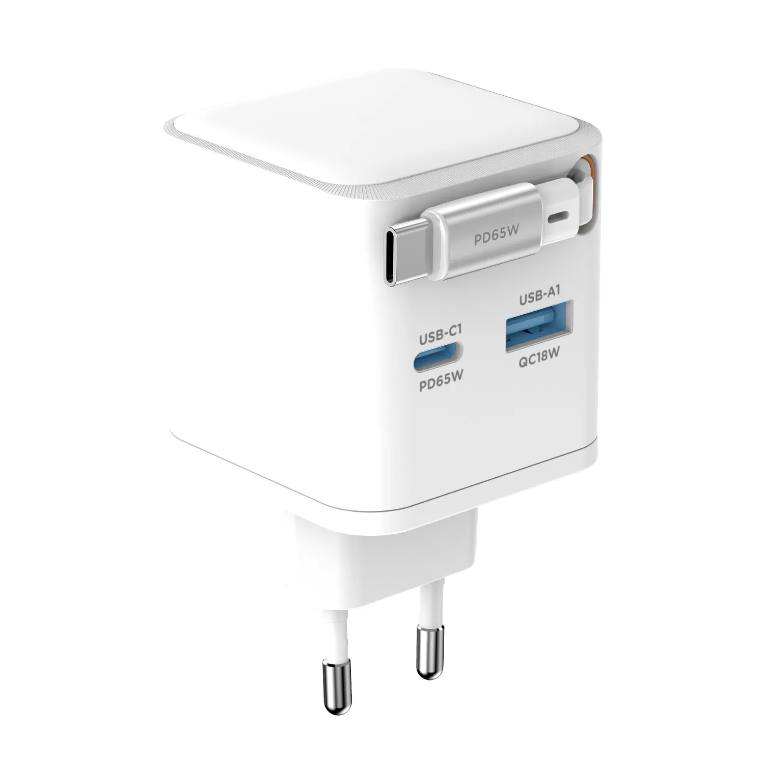65W Snug PD/USB Wall Charger with Retractable Type-C Cable – 2-Port White