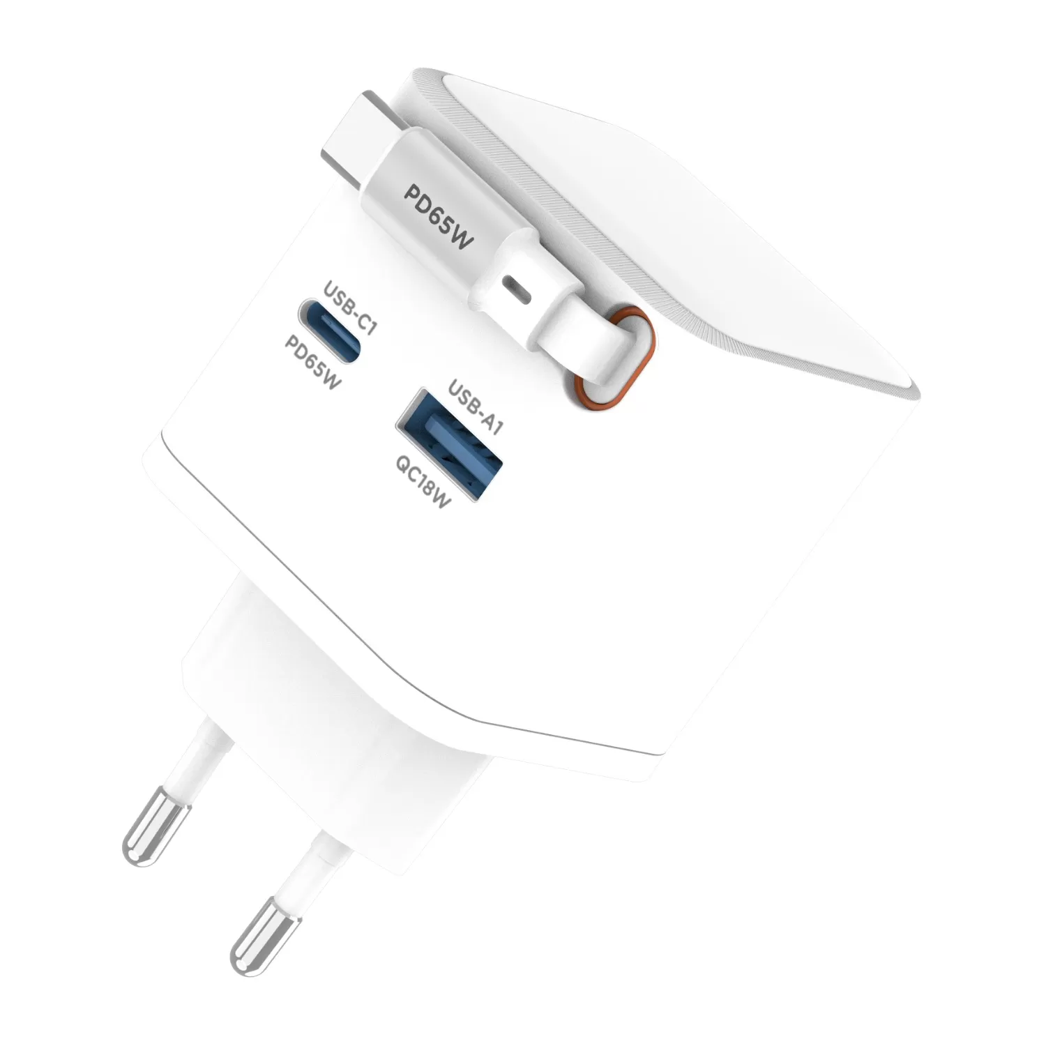65W Snug PD/USB Wall Charger with Retractable Type-C Cable – 2-Port White - Image 2