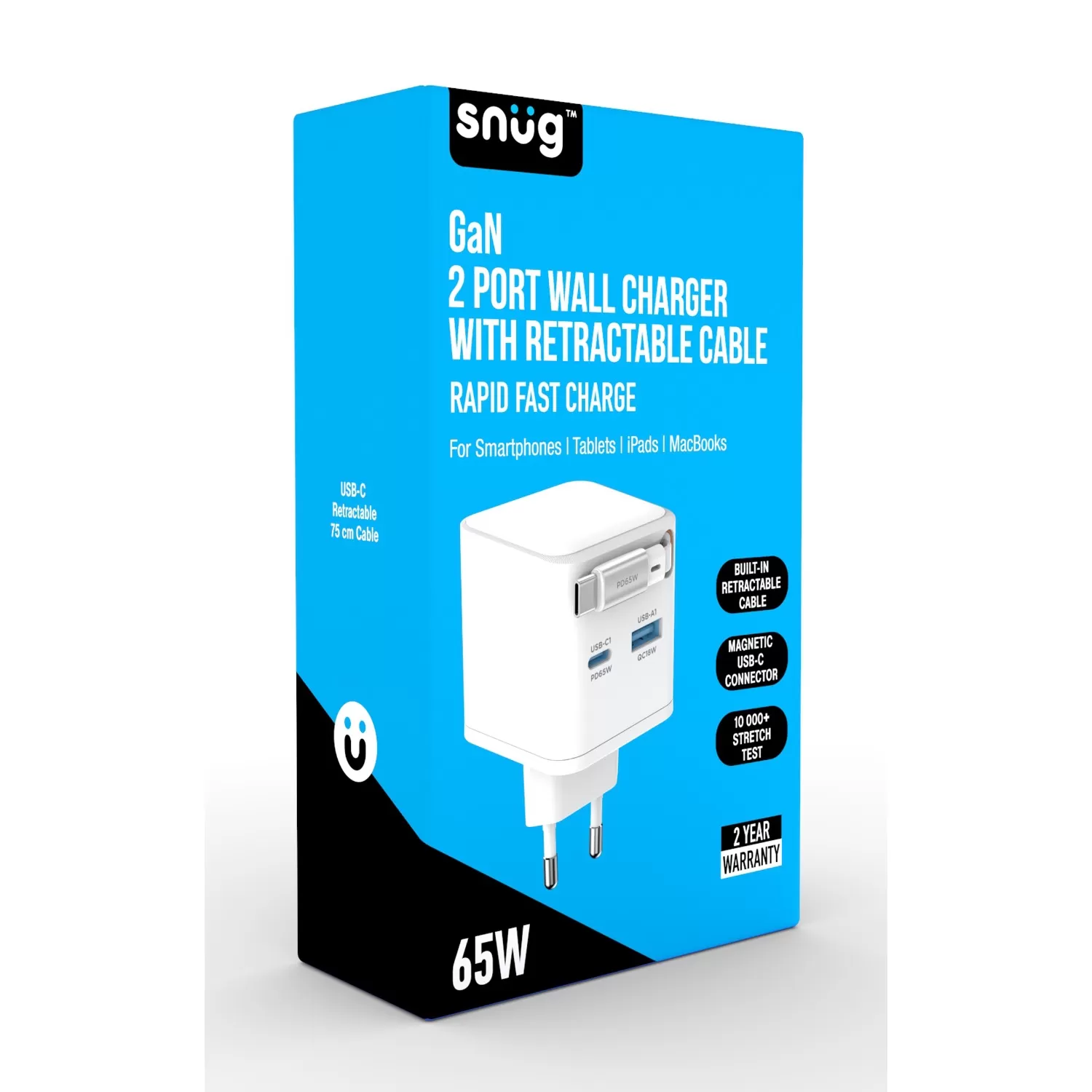 65W Snug PD/USB Wall Charger with Retractable Type-C Cable – 2-Port White - Image 5