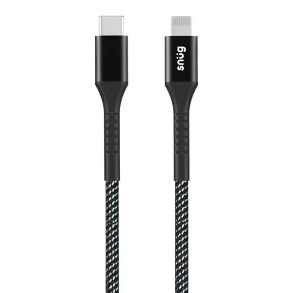 Detailed view of the black and silver nylon braided design of the Snug 60W Lightning Cable.