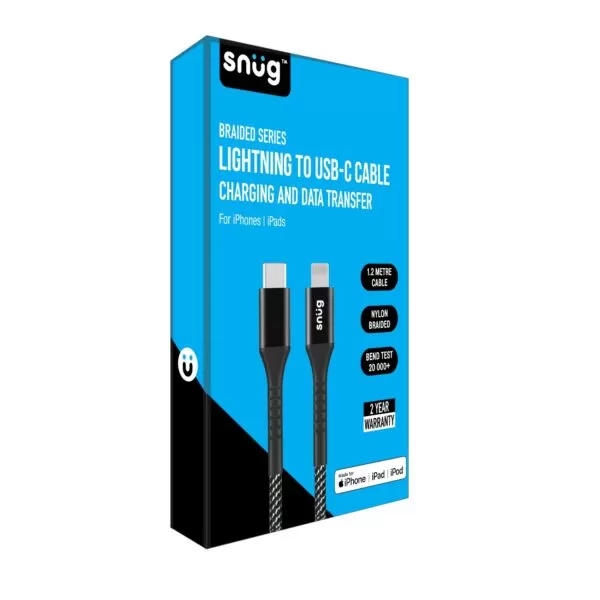 Durable packaging of the Snug 60W Type-C to MFI Lightning Cable, highlighting its features.