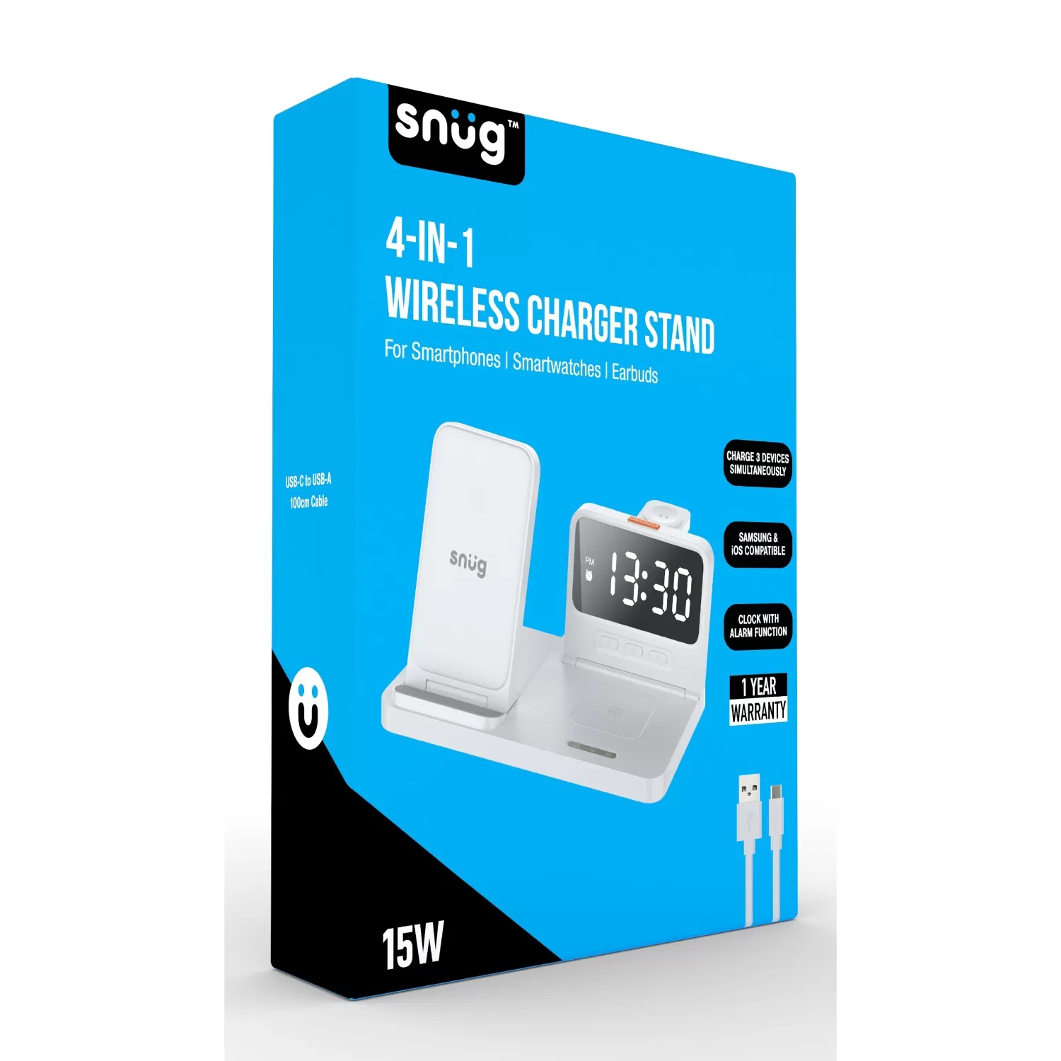Snug 15W 4-In-1 Wireless Charger - Clock White - Image 10