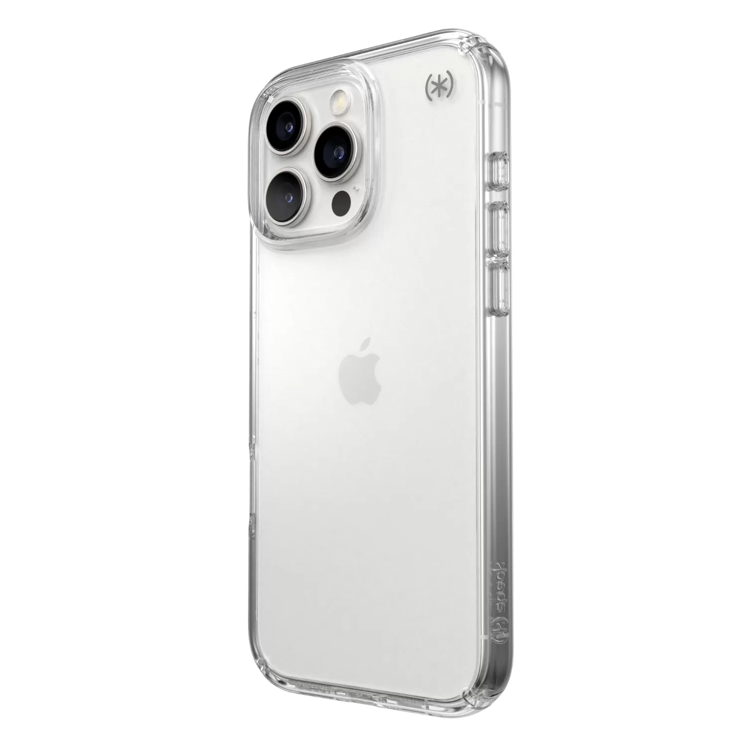 Crystal clear Speck iPhone 16 Pro Max Presidio case showing protective back design with anti-yellowing finish