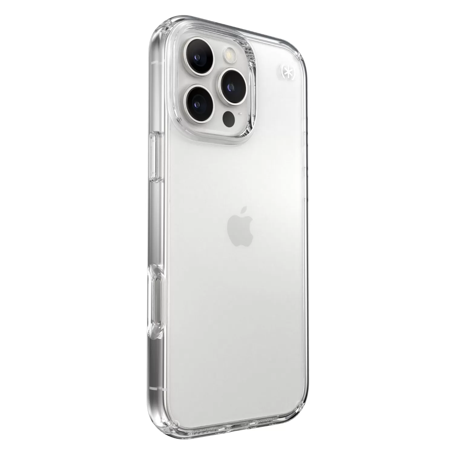 Apple iPhone 16 Pro Max Speck Presidio clear protective case, tilted standing right side