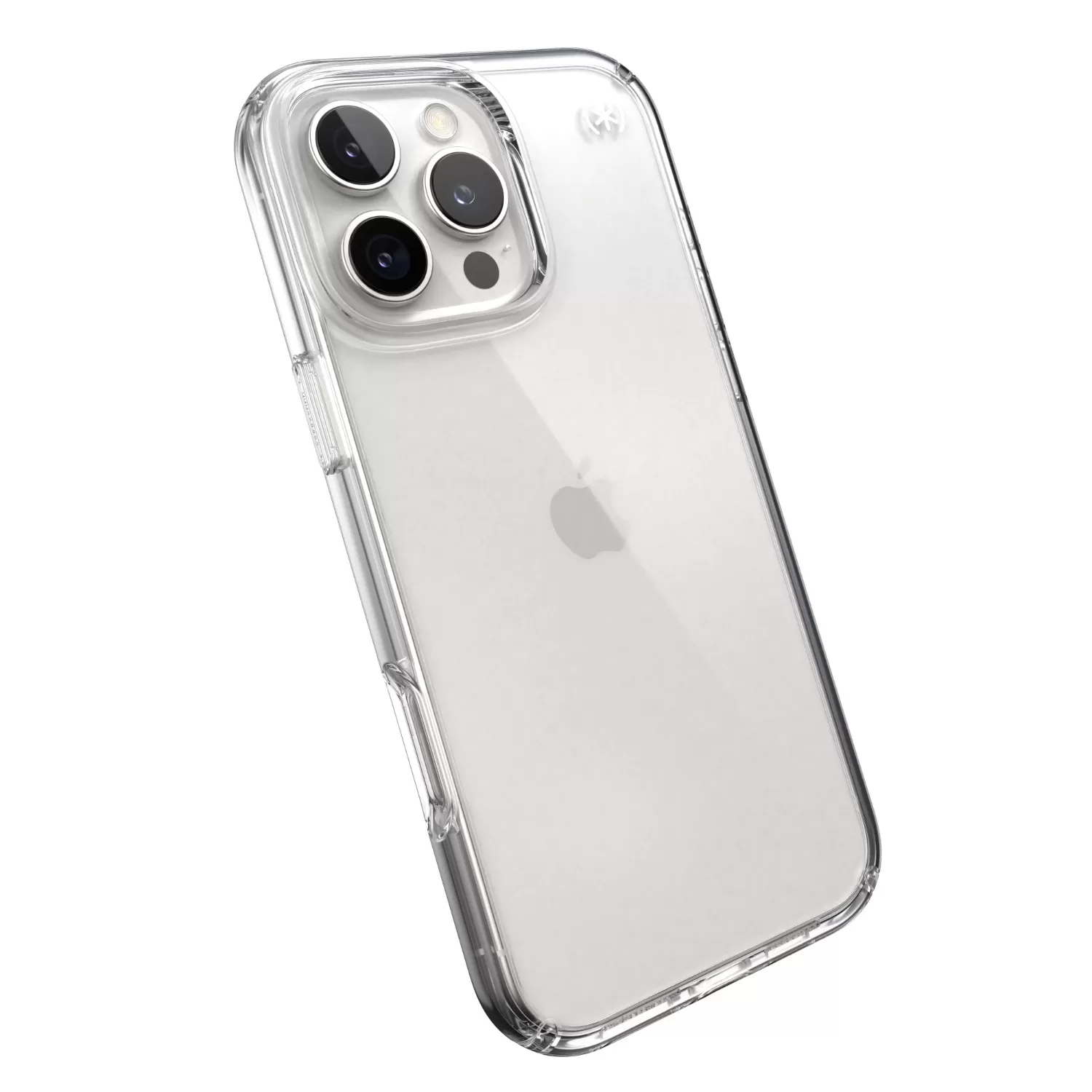Slim transparent Speck Presidio Perfect Clear case for Apple iPhone 16 Pro Max, tilted clear angle
