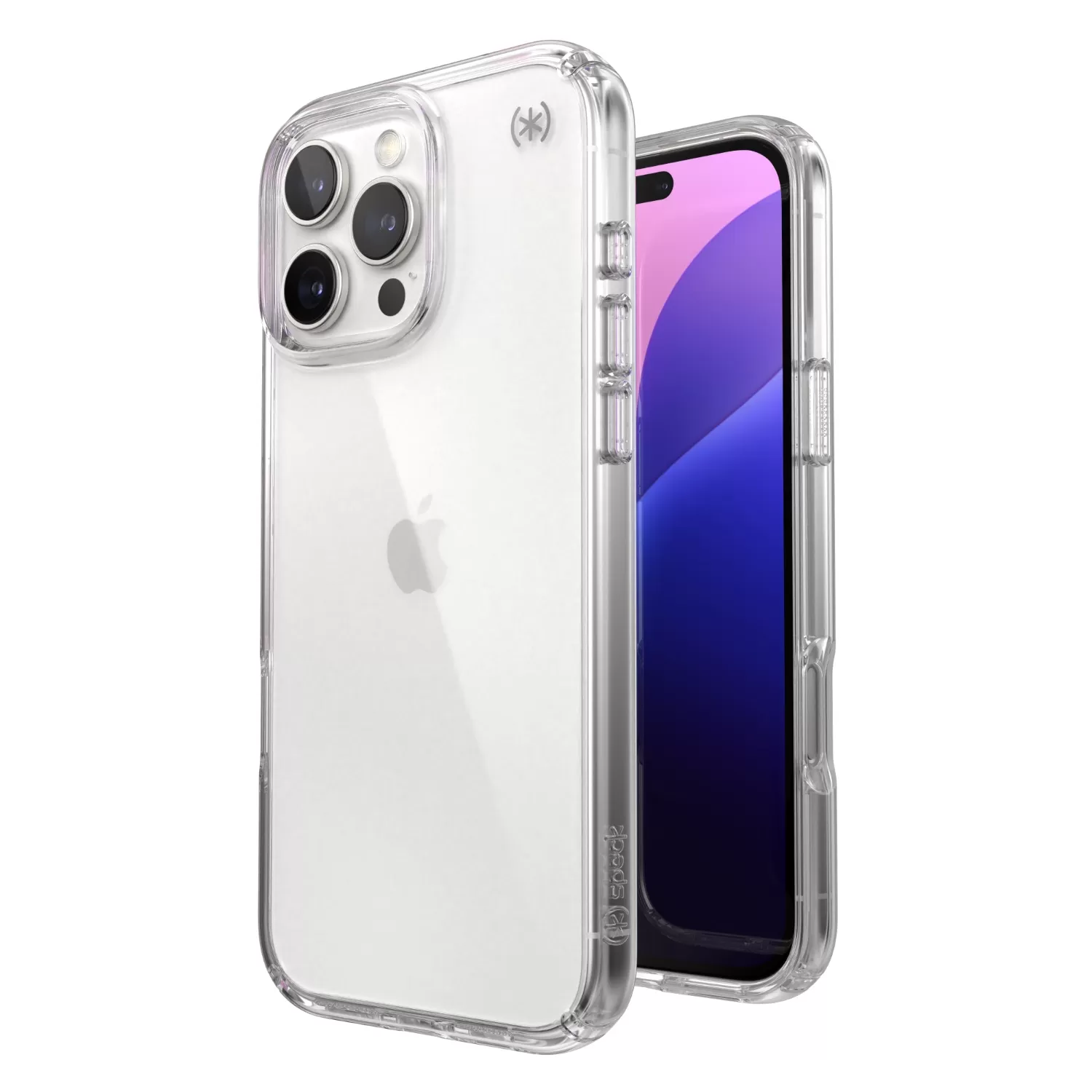 Apple iPhone 16 Pro Max Speck Presidio clear phone case, front and back views showing slim transparent design