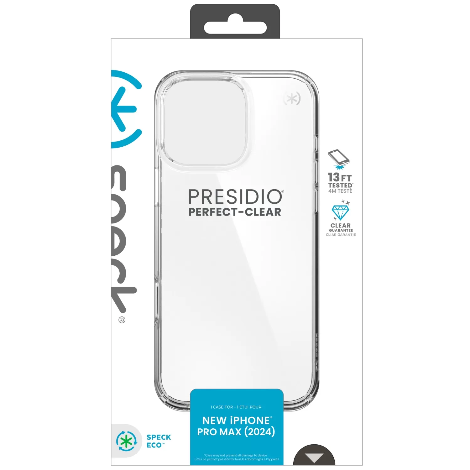 Retail pack of Apple iPhone 16 Pro Max Speck Presidio Perfect Clear phone case, slim transparent protective cover