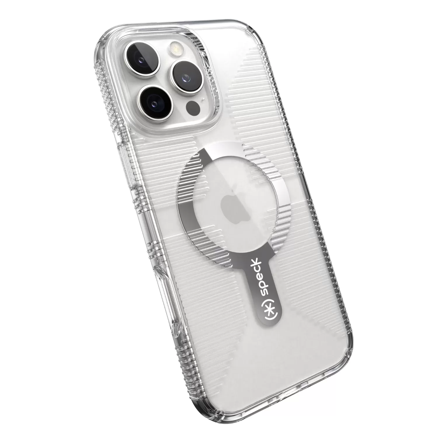 Apple iPhone 16 Pro Max with Speck GemShell Grip MagSafe case, slim transparent protective cover with raised grip ridges
