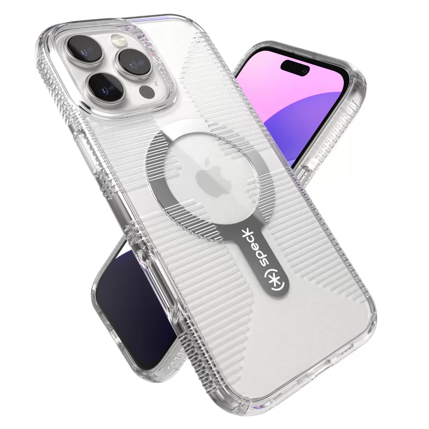 Front and back tilted views of Apple iPhone 16 Pro Max Speck GemShell Grip clear MagSafe phone case