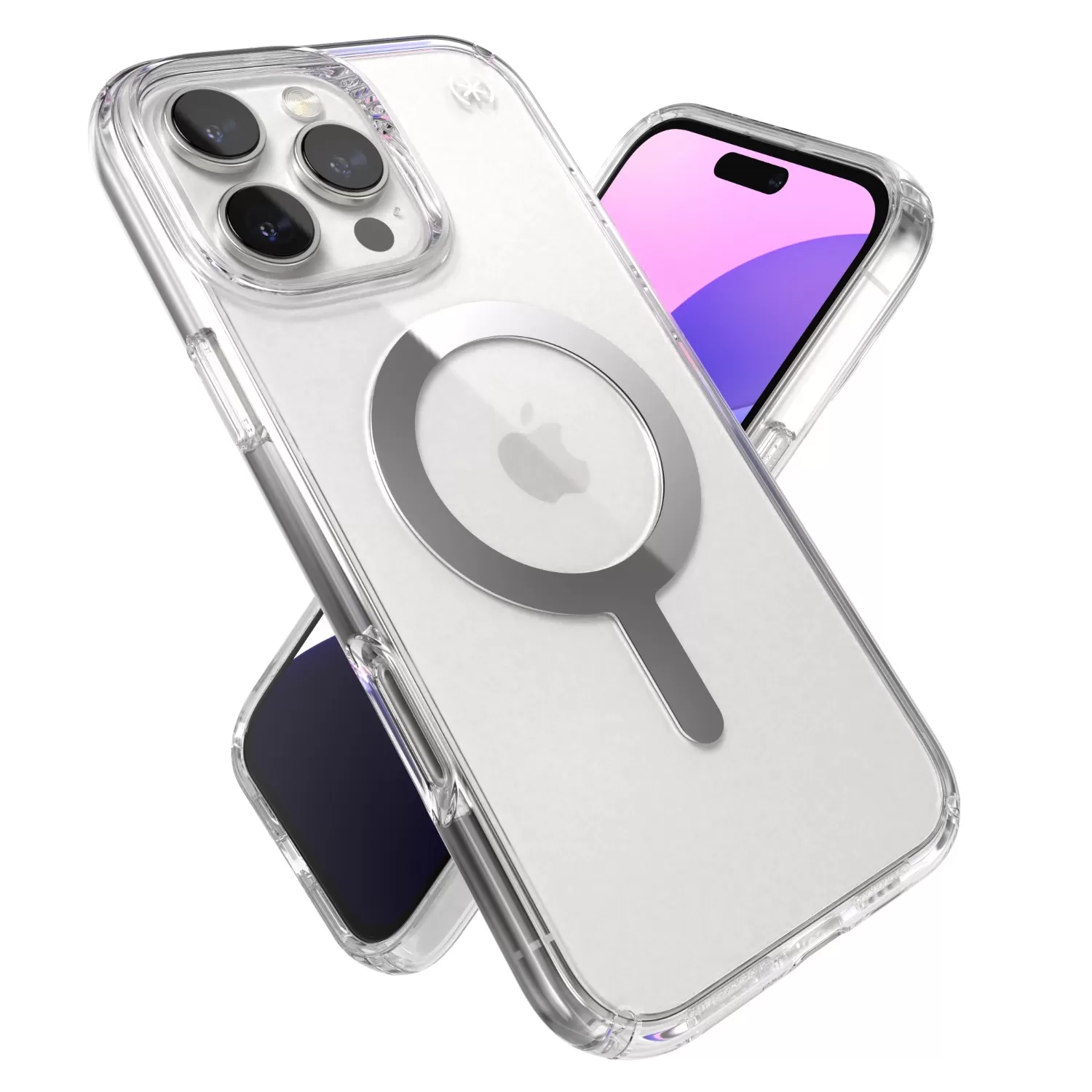 Apple iPhone 16 Pro Max with Speck Presidio Perfect Clear MagSafe case, alternate front and back views highlighting slim design
