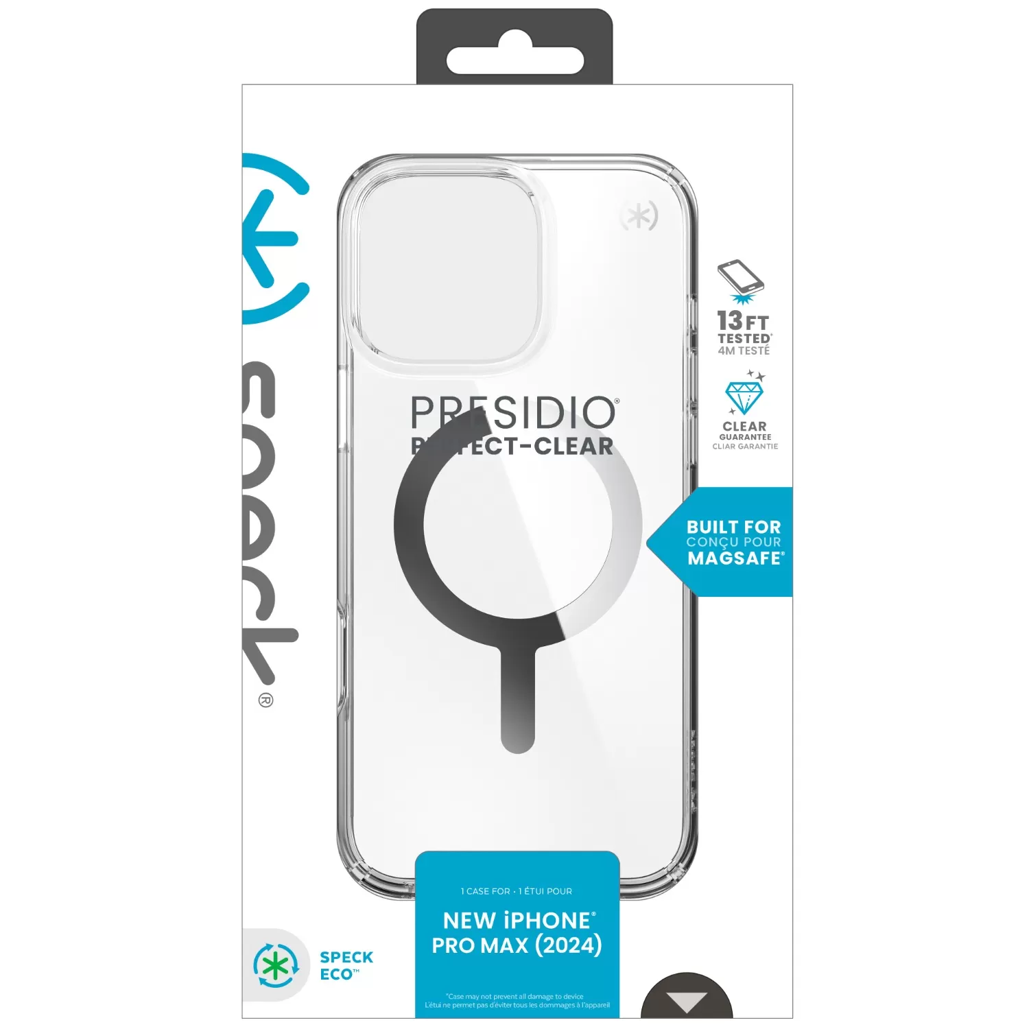 Retail pack of Apple iPhone 16 Pro Max Speck Presidio Perfect Clear slim MagSafe phone case, anti-yellowing protective cover