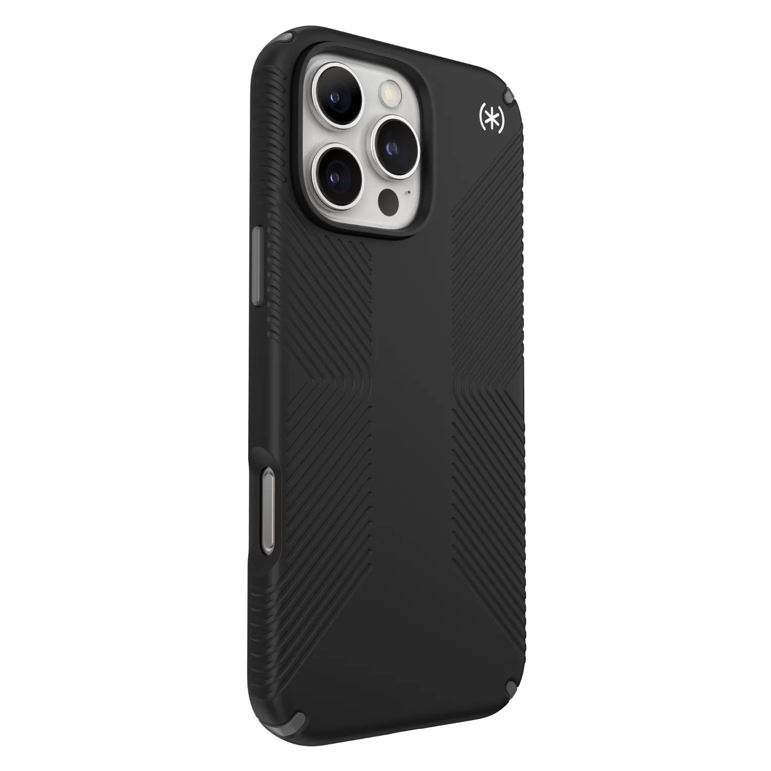 Apple iPhone 16 Pro Max Speck Presidio2 Grip slim black protective case, tilted standing display