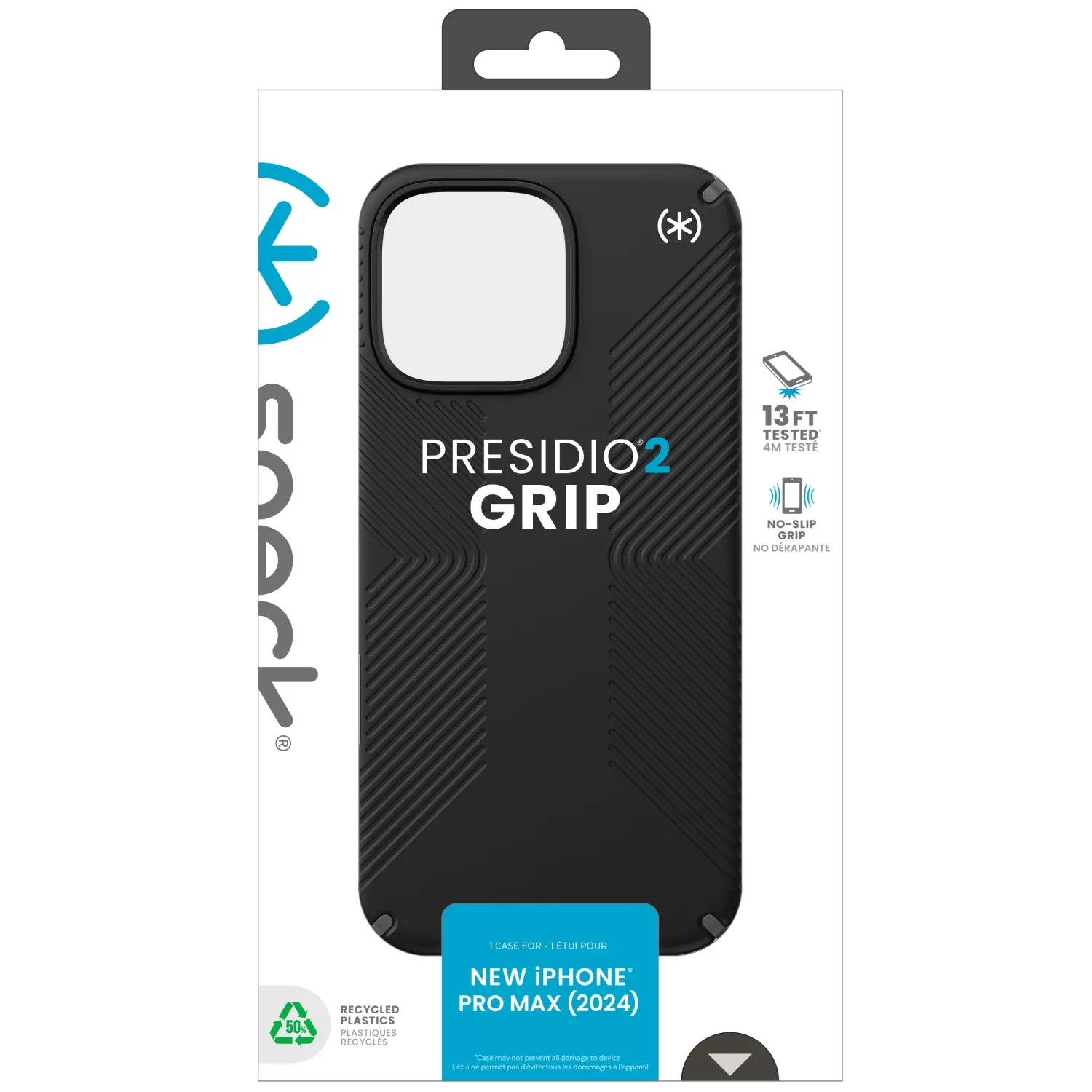 Retail pack of Apple iPhone 16 Pro Max Speck Presidio2 Grip black protective case, durable slim cover with grip ridges
