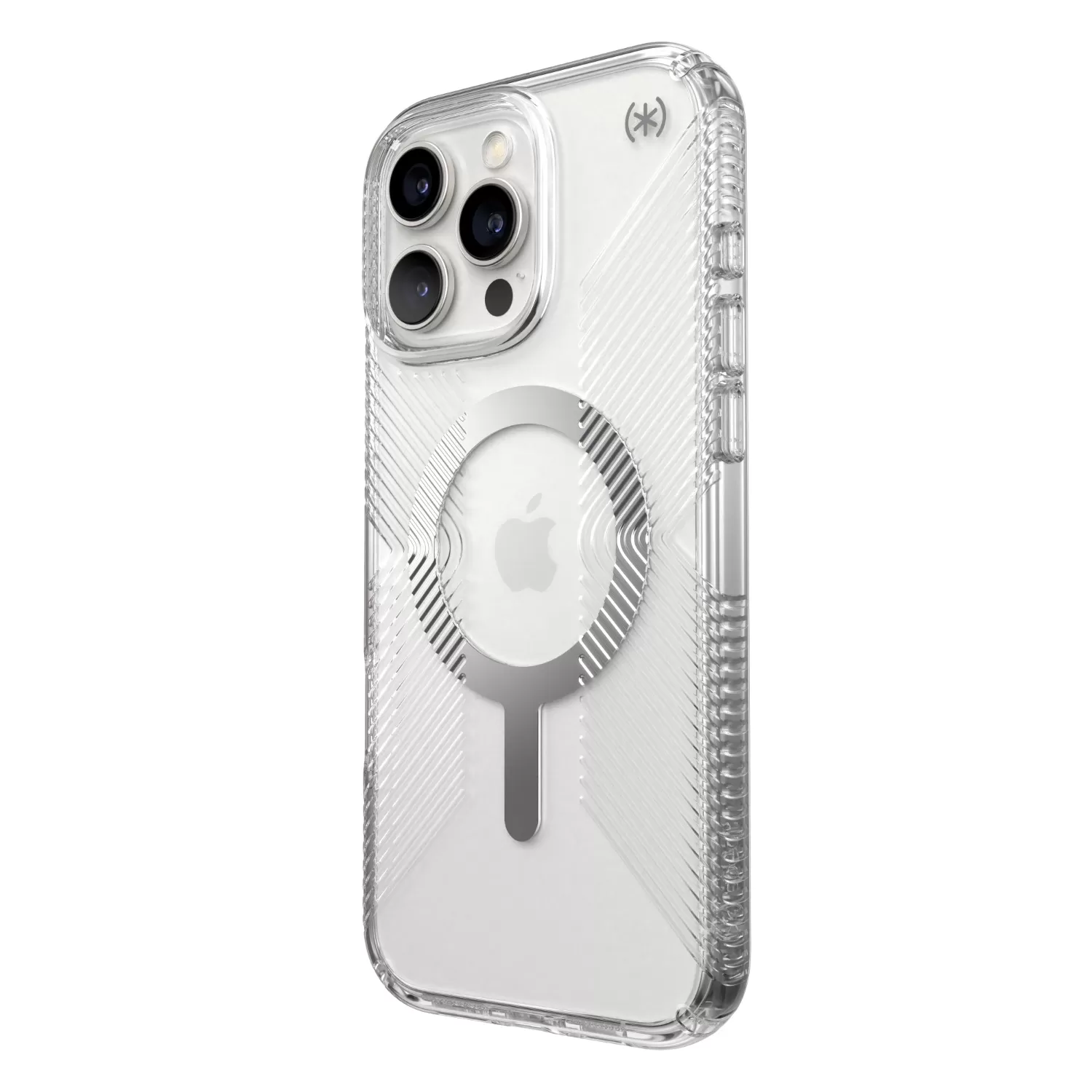 Transparent Apple iPhone 16 Pro Max Speck Presidio Perfect Clear Grip MagSafe phone case, tilted slim protective cover