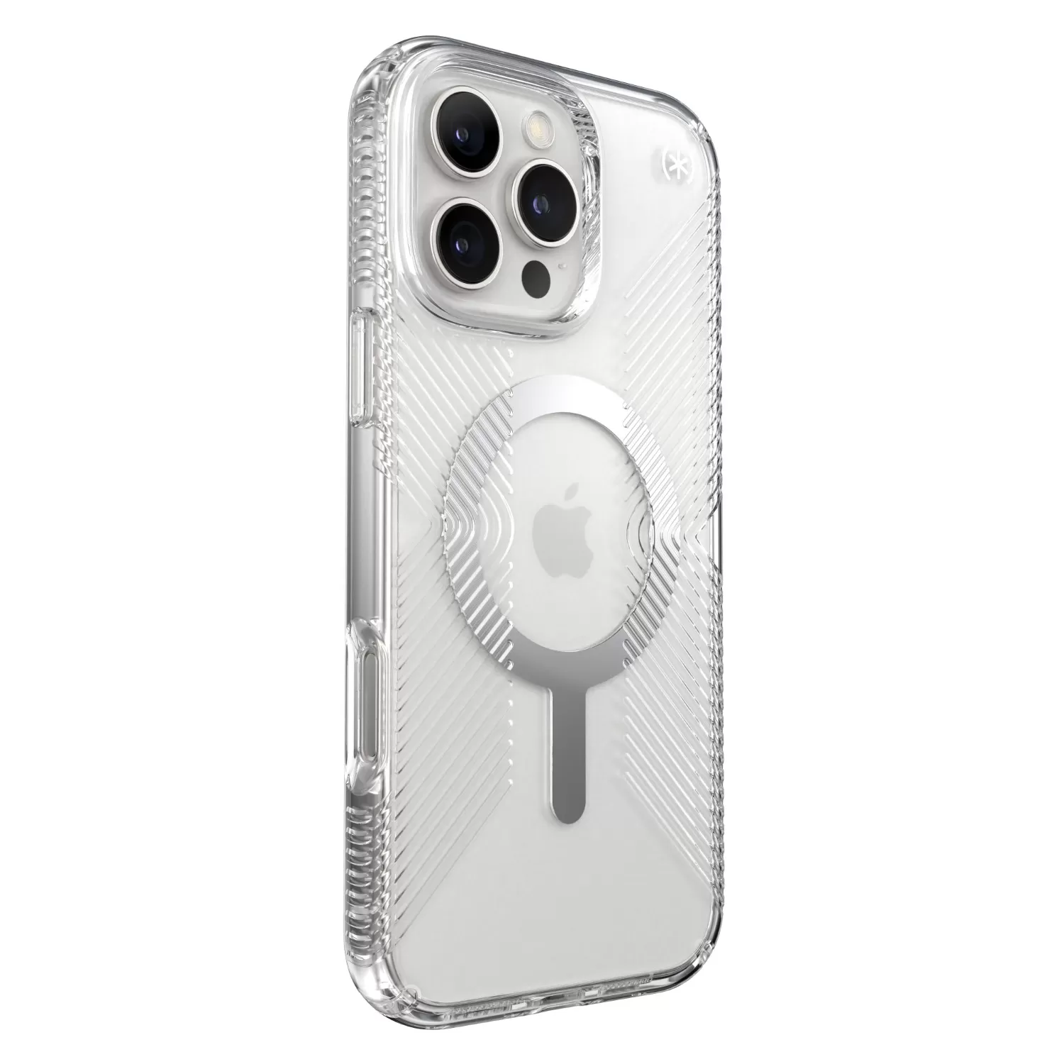 Apple iPhone 16 Pro Max in clear Speck Presidio Perfect Clear Grip MagSafe case, tilted view with raised bezel protection