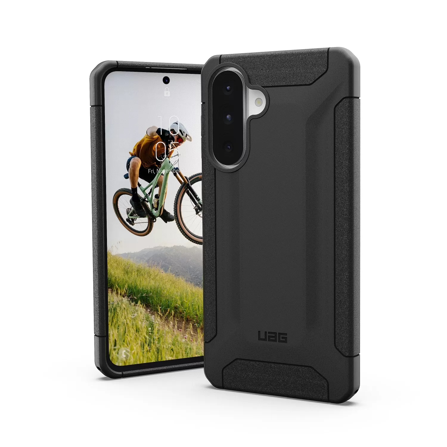 Close-up of the raised edges on the UAG Scout Case for Samsung Galaxy A56 in black, providing screen and camera protection