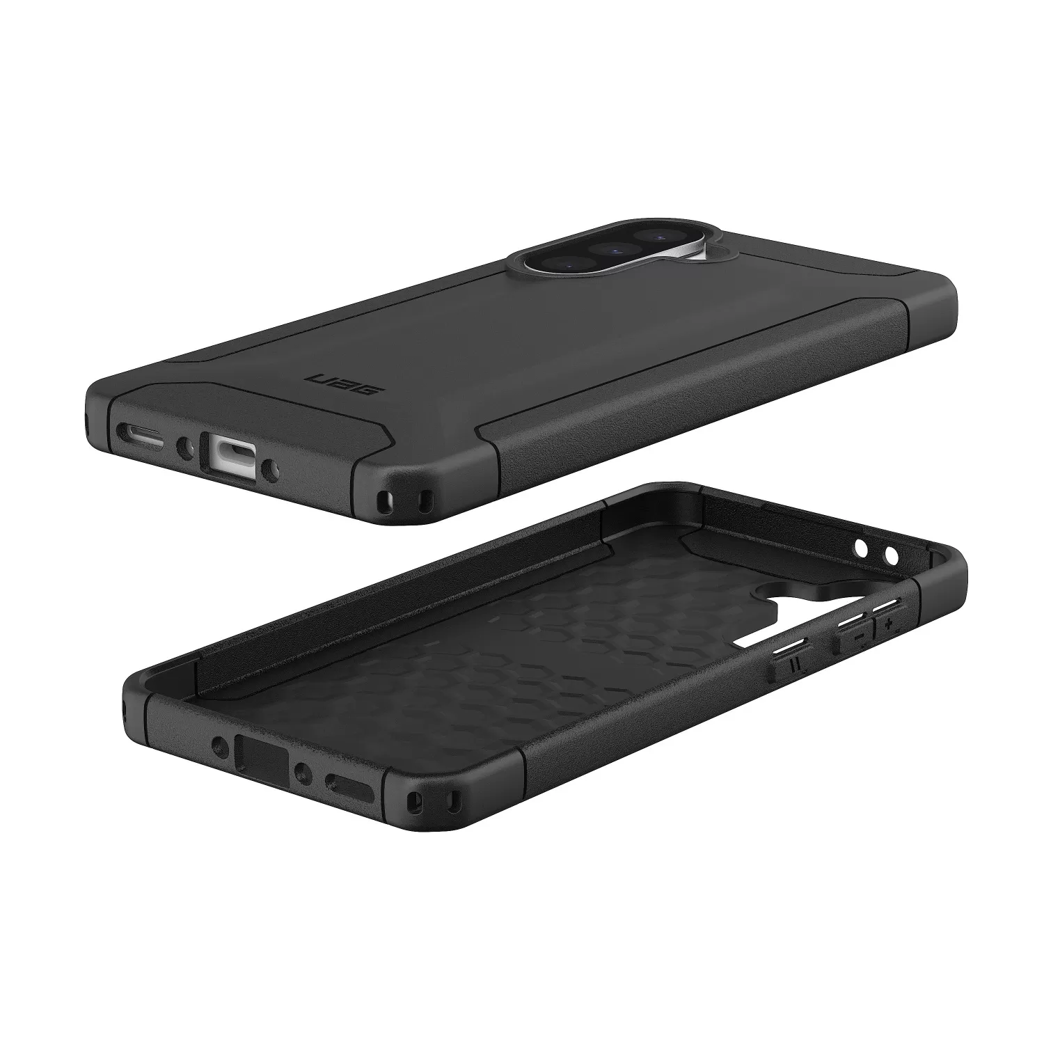 Detailed view of the non-slip ruggedized grip texture on the UAG Scout Cover for Samsung Galaxy A56 in black