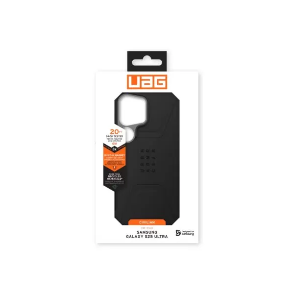 Retail packaging of the Samsung S25 Ultra Cover UAG Civilian MagSafe Case in Black