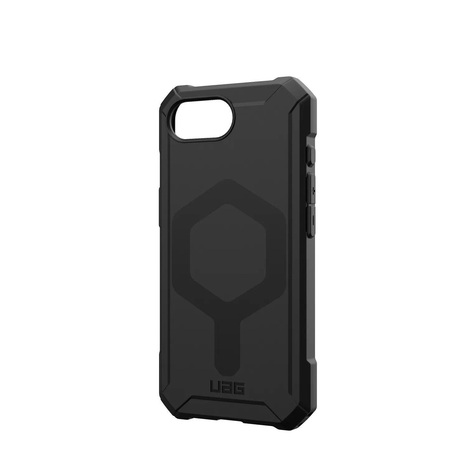 Close-up of the textured side grip on the UAG Essential Armor case for Apple iPhone 16e
