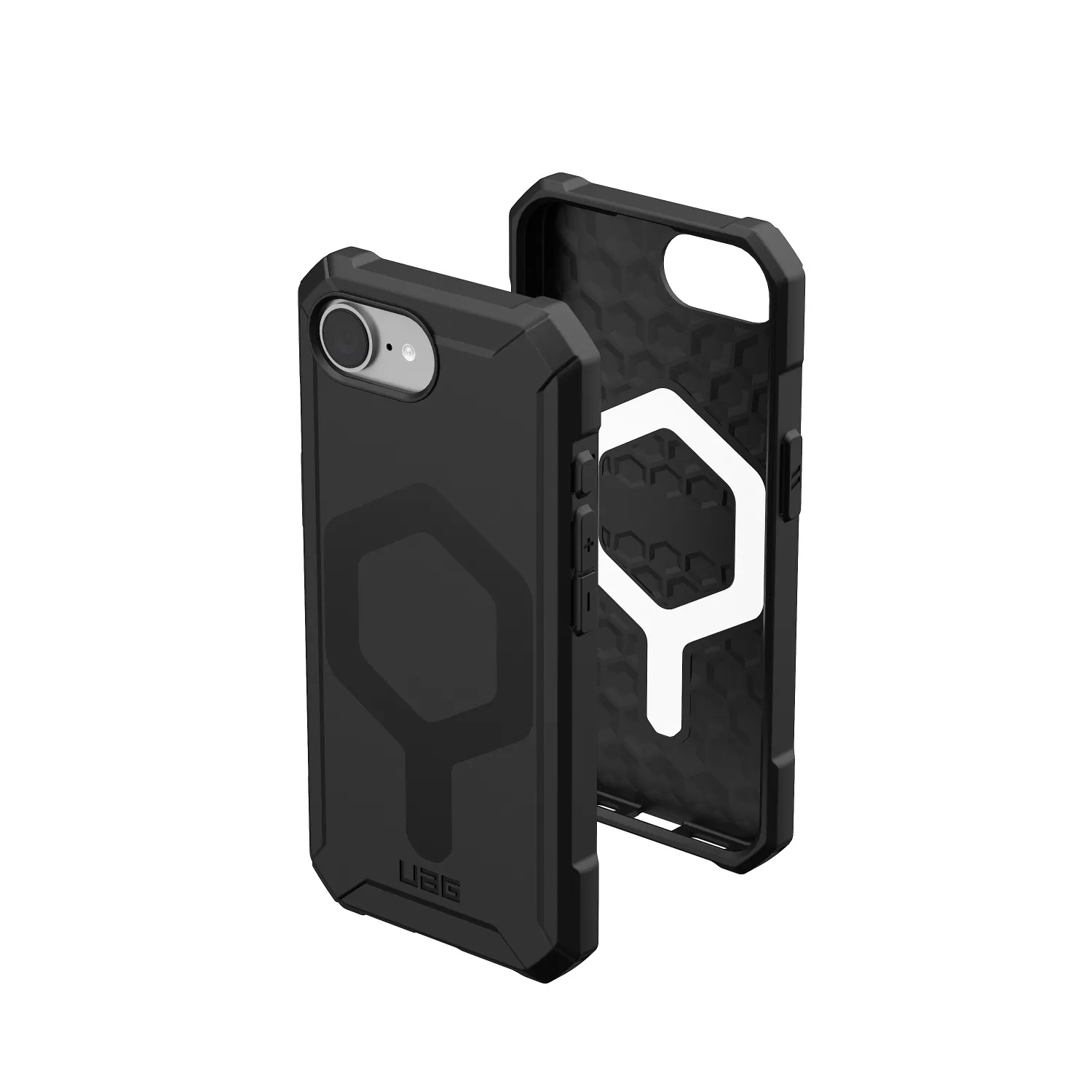 Visible MagSafe ring in the UAG black case for Apple iPhone 16e for magnetic accessory support