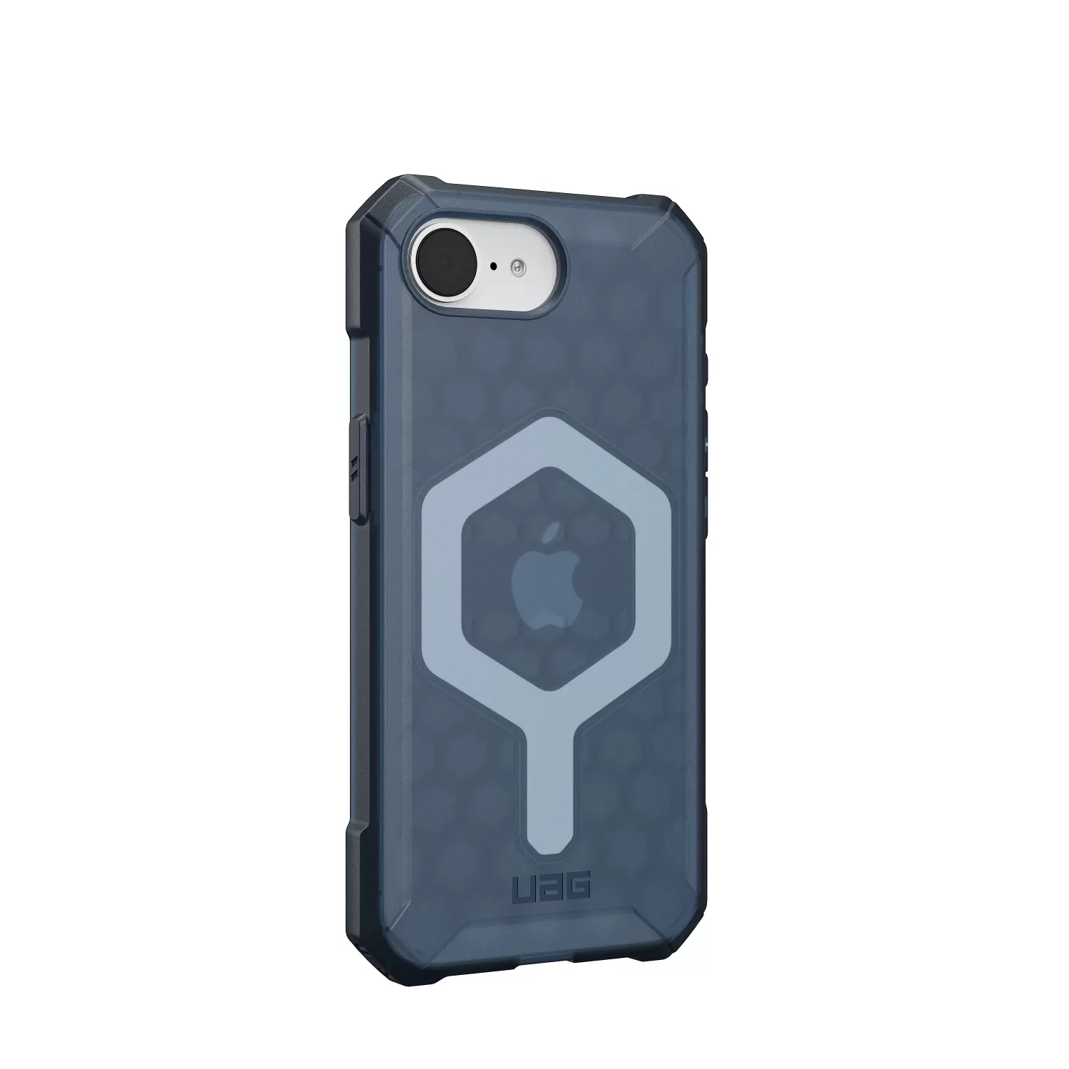 Raised camera bezel detail on the iPhone 16e Cloud Blue case by UAG for lens protection