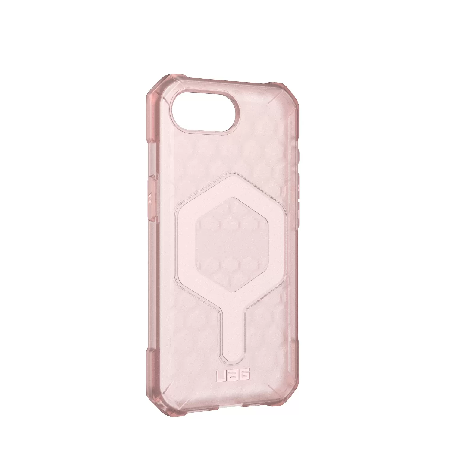 Oversized tactile buttons on the UAG Essential Armor case for iPhone 16e in rose finish