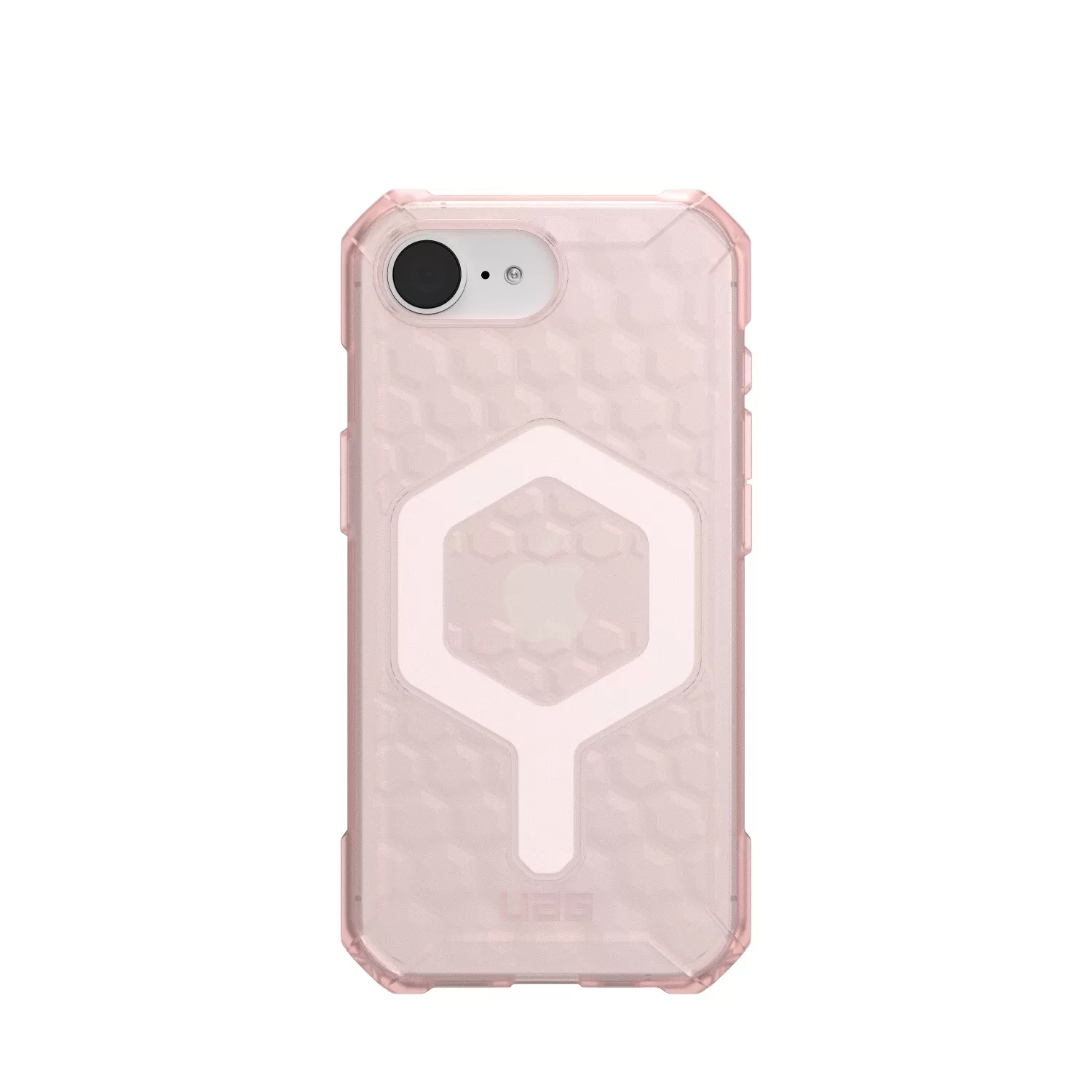 Raised camera bezel on the rose UAG iPhone 16e cover for added lens protection