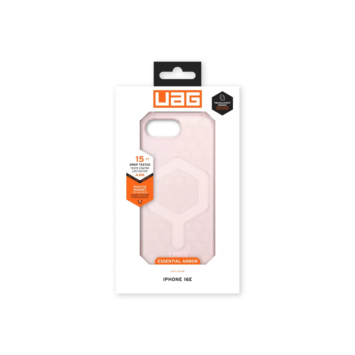 Elegant rose variant of the UAG MagSafe cover for Apple iPhone 16e with soft matte feel is packaging