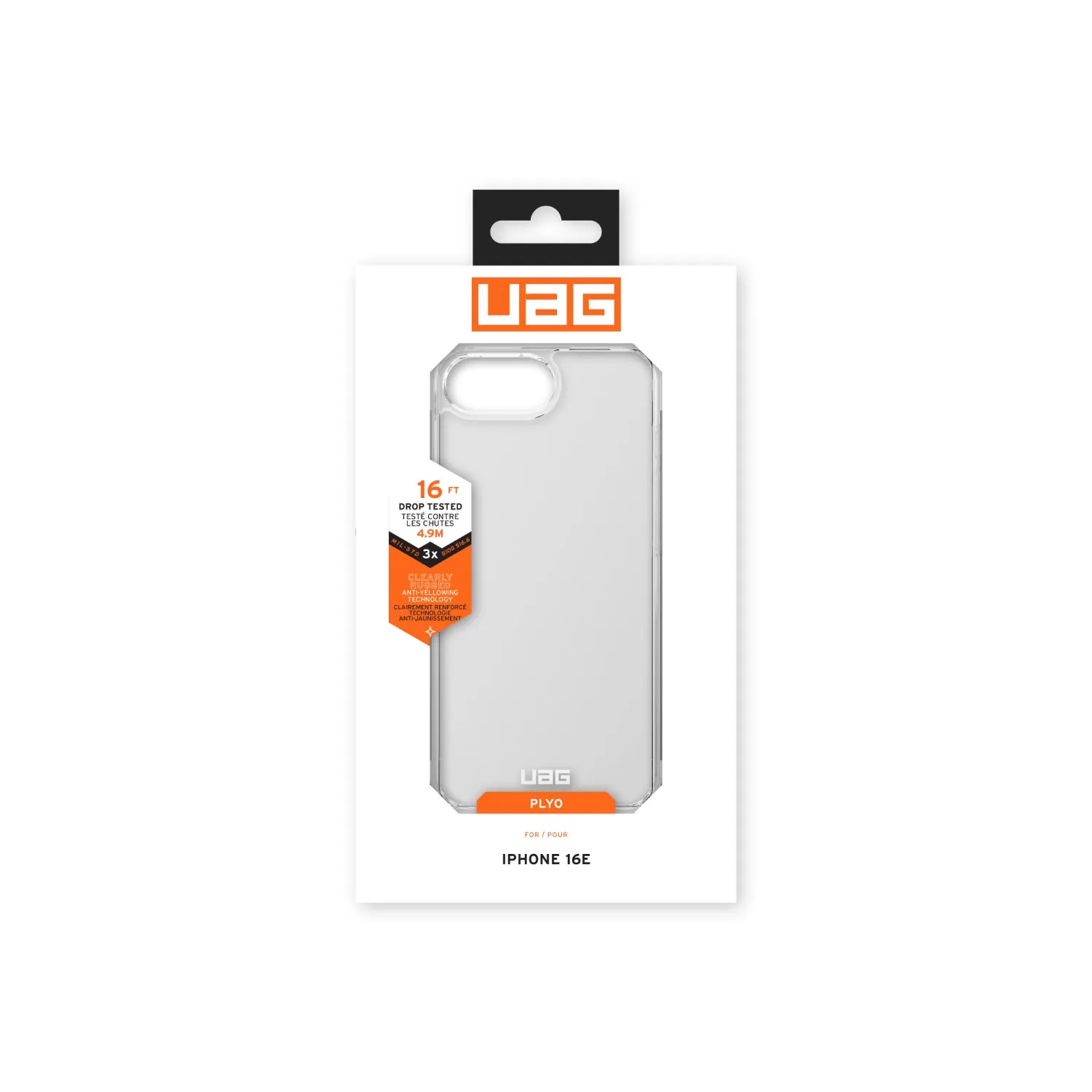 Featherlight Ice Plyo case by UAG designed for iPhone 16e with enhanced drop-tested durability in packaging