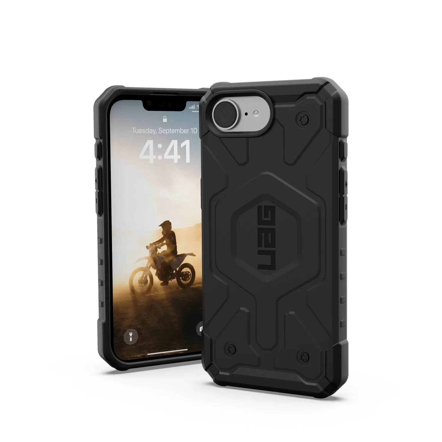 Ultra-lightweight rugged shell on the UAG Pathfinder case for iPhone 16e in matte black