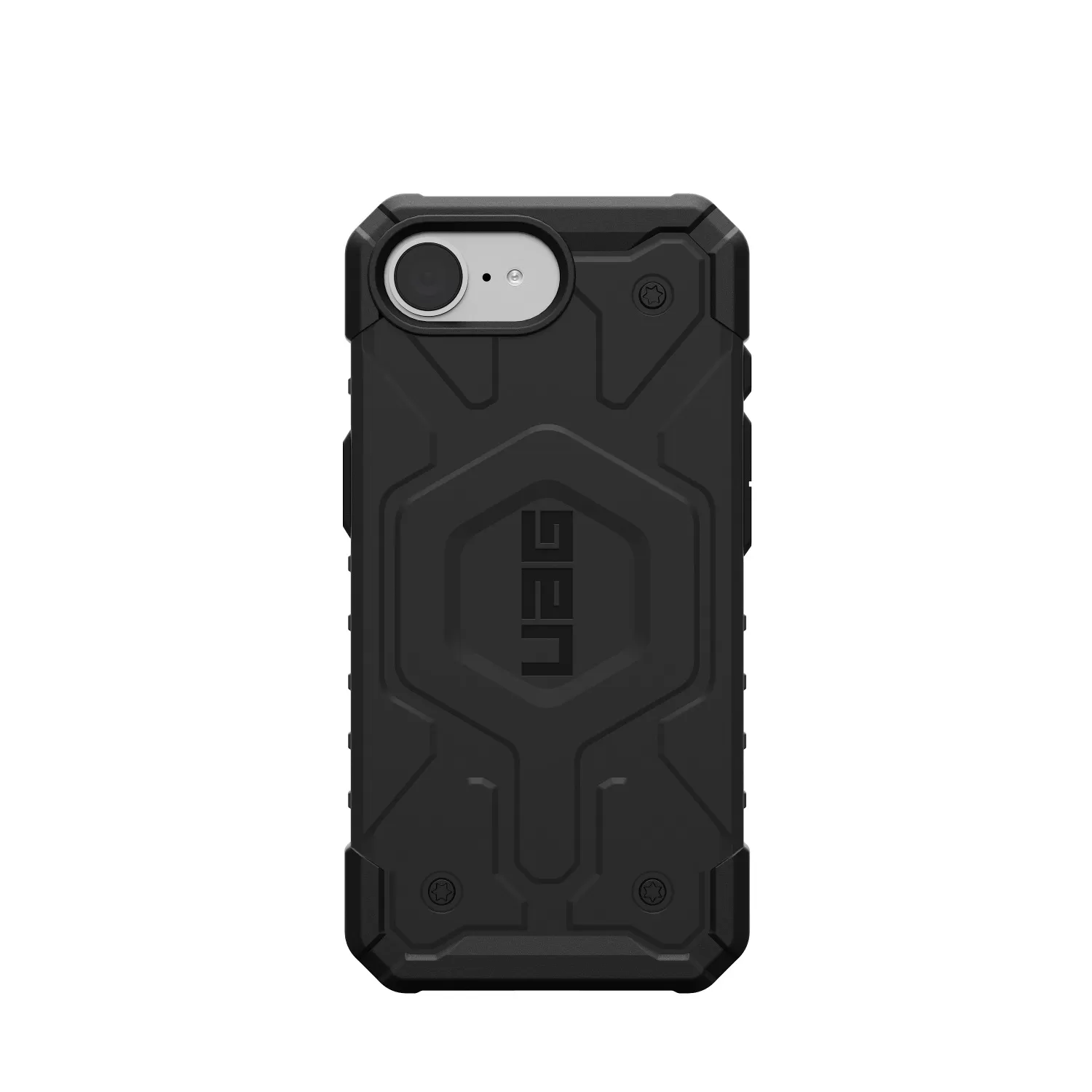 Top edge view of the UAG black Pathfinder case with screen-surrounding protection for iPhone 16e