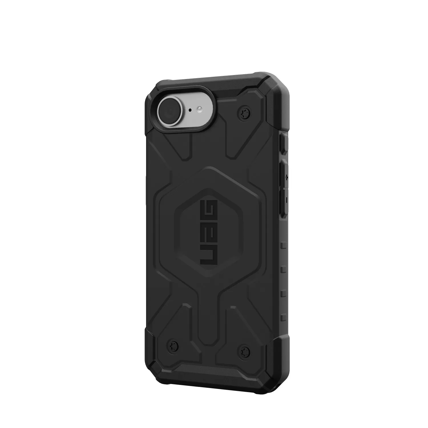 Visible MagSafe ring integrated into the UAG Pathfinder case for iPhone 16e in black
