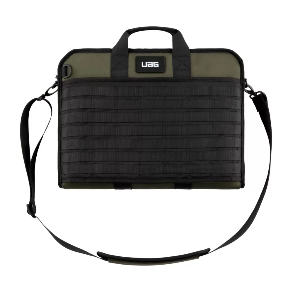 Front view of the Olive UAG Slim Brief 16 Inch Bag, showcasing its accessory pocket and sleek design.