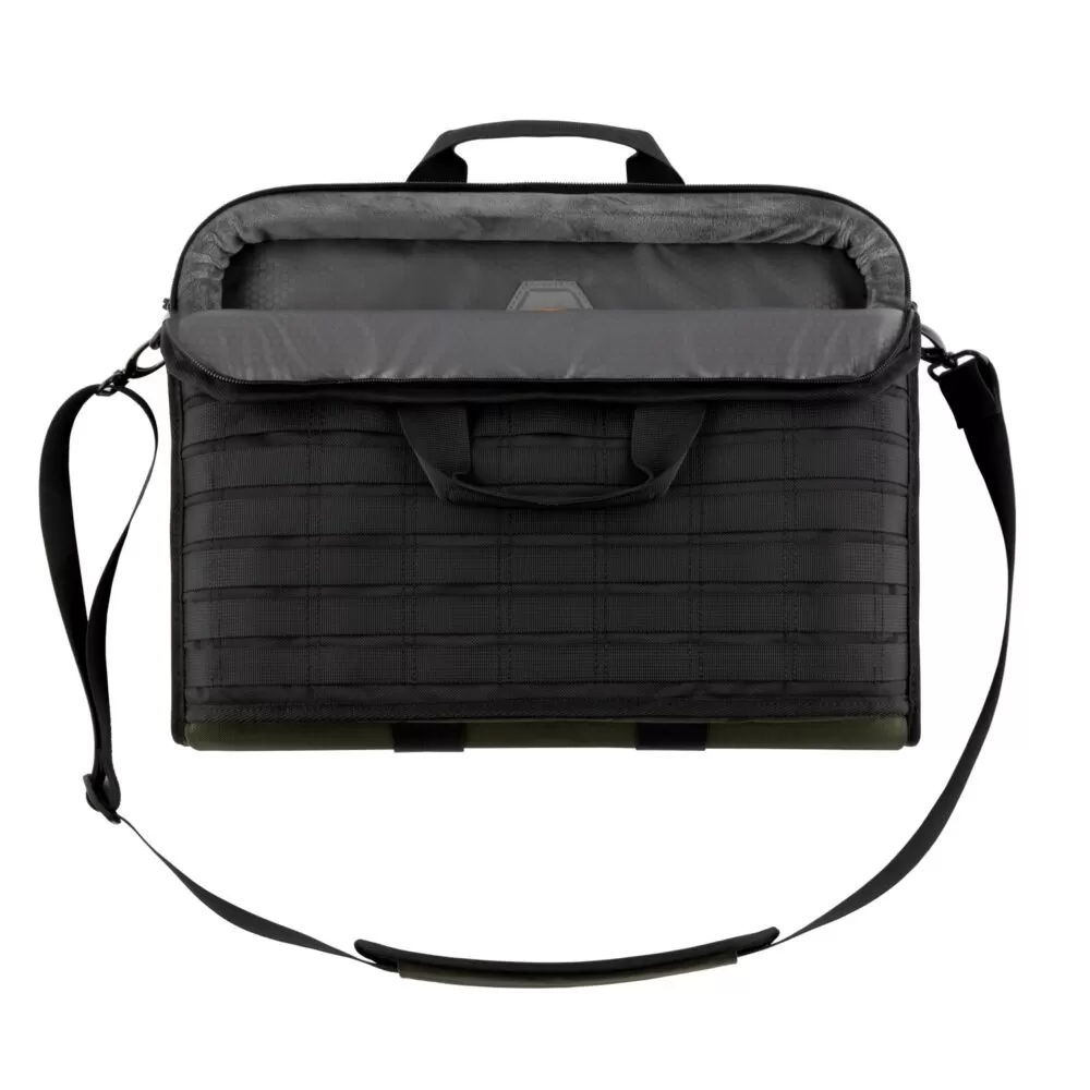 Olive UAG Slim Brief 16 Inch Bag opened to reveal a laptop inside, highlighting its padded protection.