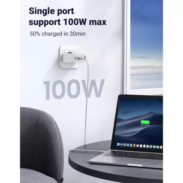 This GaN charger blends sleek aesthetics with groundbreaking technology. Its four ports ensure you can power up multiple devices simultaneously.