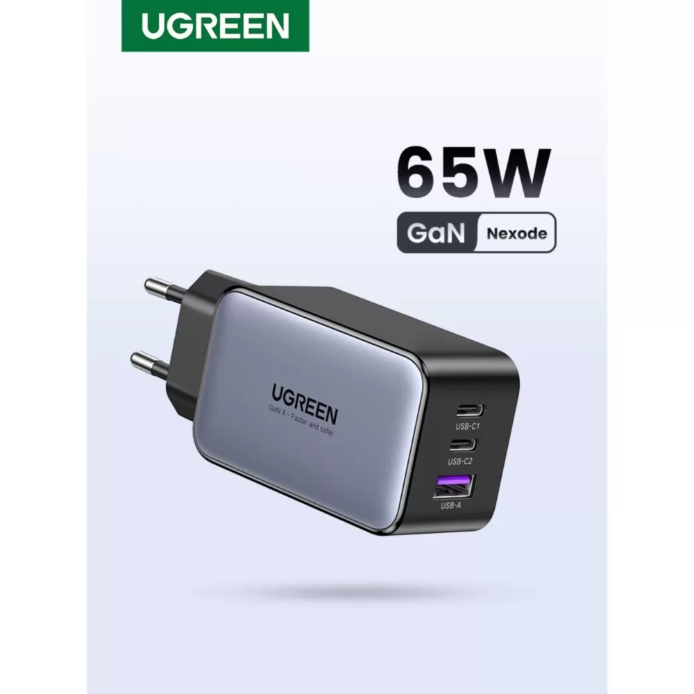 This Black UGREEN 65W GaN Charger 3 Port PD Fast Charge Wall Adapter can fast charge your PD compatible devices.