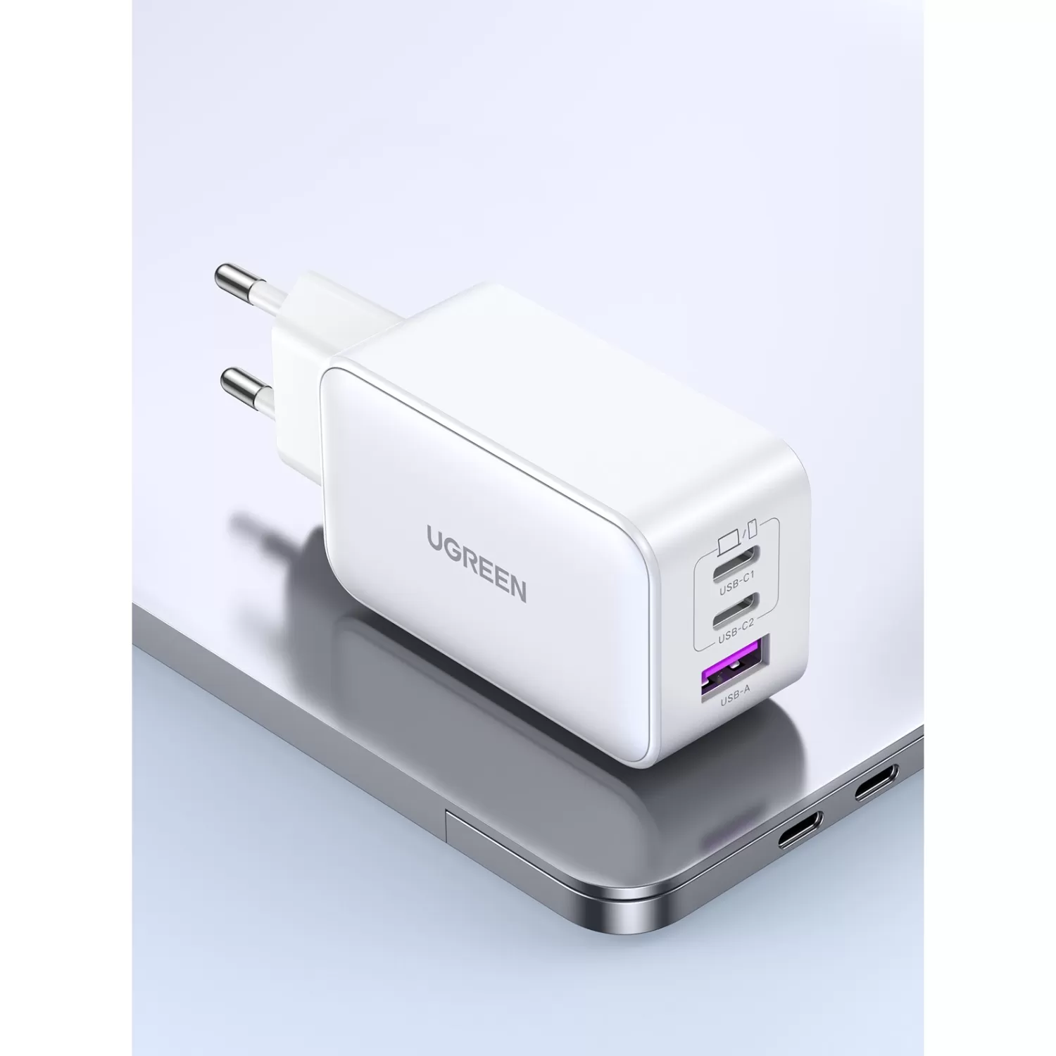 3 Port White UGREEN 65W GaN Charger PD Fast Charge Wall Adapter - GaN technology - more efficient, less heat and smaller.