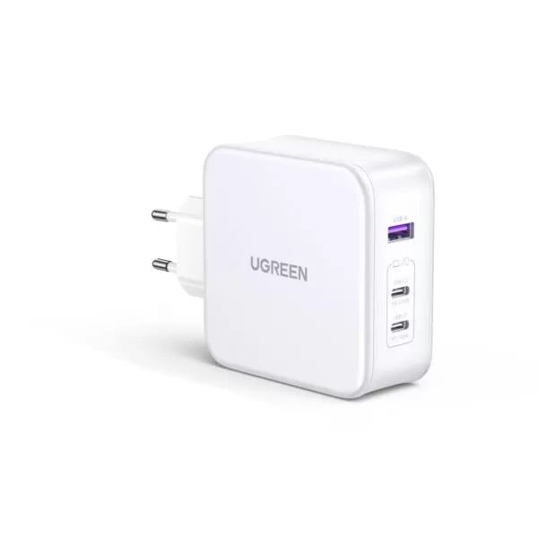 Introducing the White UGREEN 140W GaN Charger 3 Port PD Fast Charge Wall Adapter Compatible with iPhones, laptops, tablets, smartphones, and smartwatches, it fuels your devices efficiently.