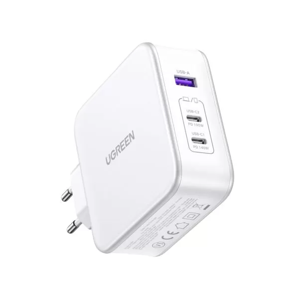 With this White UGREEN 140W GaN Charger 3 Port PD Fast Charge Wall Adapter Achieve a remarkable 60% charge for your compatible device in just 30 minutes.