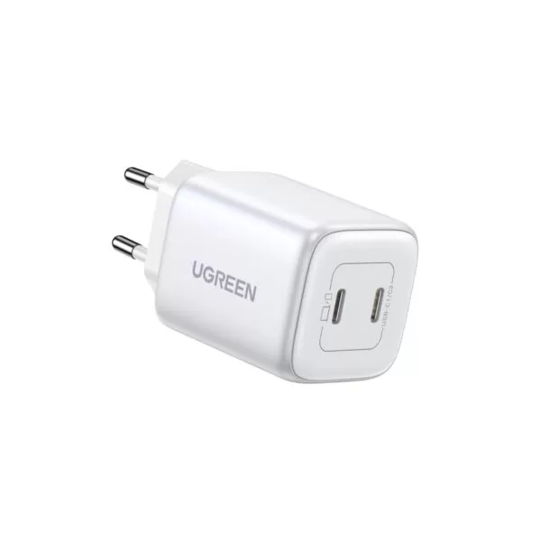 Experience the White UGREEN 45W GaN Charger 2 Port PD Fast Charge Wall Adapter, a blend of power and portability.