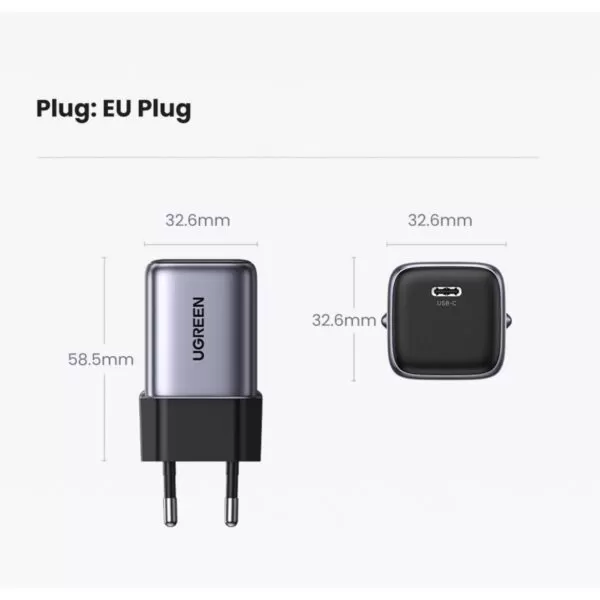 This Black UGREEN 30W GaN Charger 1 Port PD Fast Charge Wall Adapter is equipped with a Type-C port featuring Power Delivery 3.0. It empowers fast charging for your PD-compatible devices.