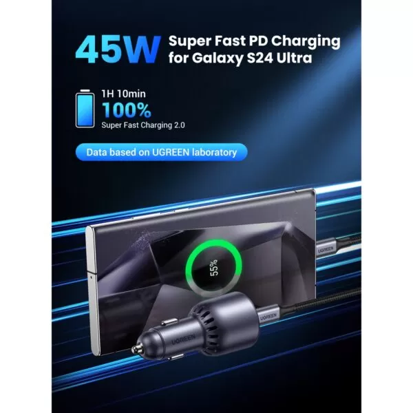 UGREEN 63W Car Charger - Fast Charge 2 Port Grey - Image 3