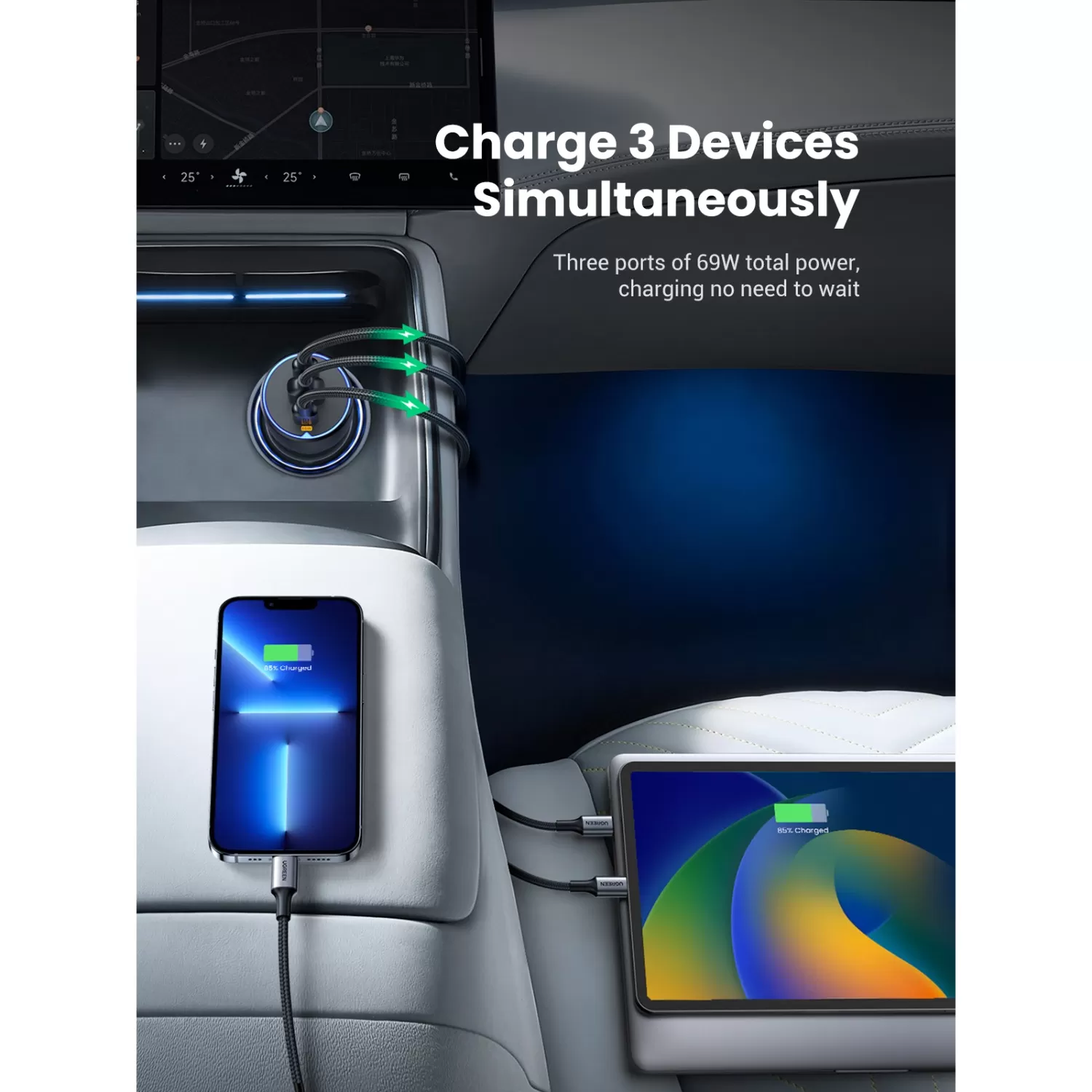 UGREEN 75W PD Car Charger - 3-Port - Space Grey - Image 2