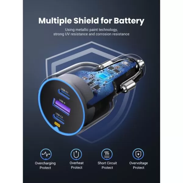 UGREEN 75W Cigarette Charger - 3 Port Fast Charge - Space Grey - Image 5