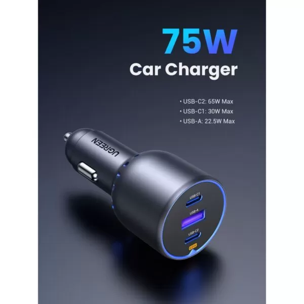 UGREEN 75W Cigarette Charger - 3 Port Fast Charge - Space Grey - Image 4