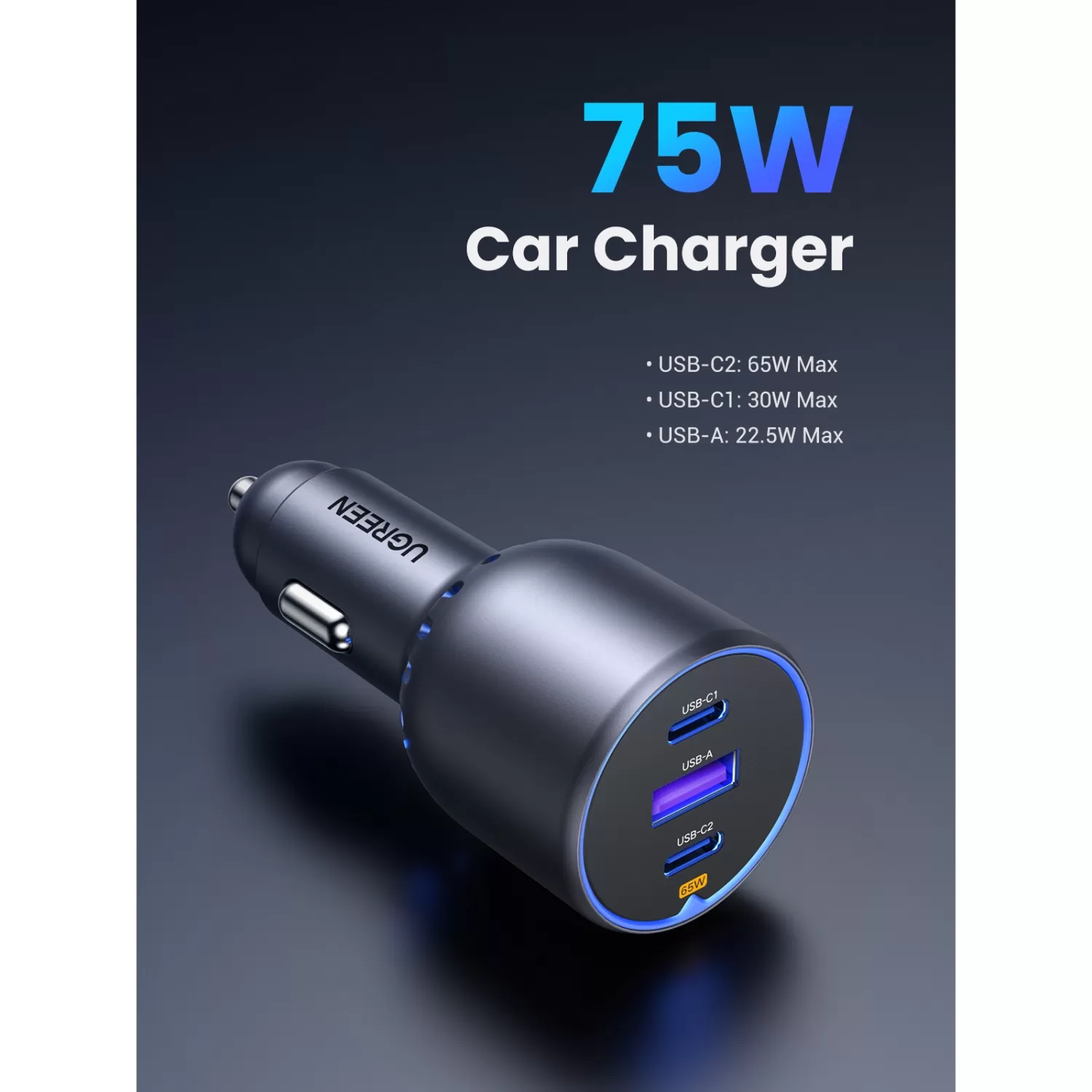 UGREEN 75W PD Car Charger - 3-Port - Space Grey - Image 4