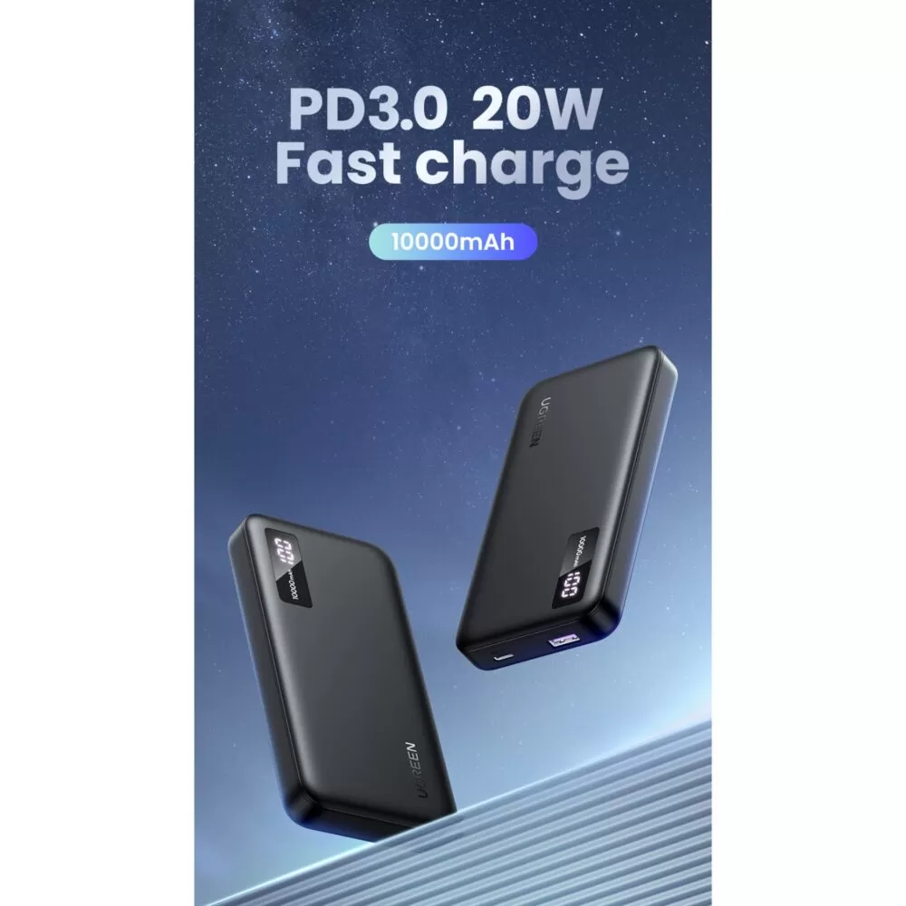 Ugreen power bank 10000mAh with PD and QC output ports. A powerful and portable charging solution with 20W fast charge support.