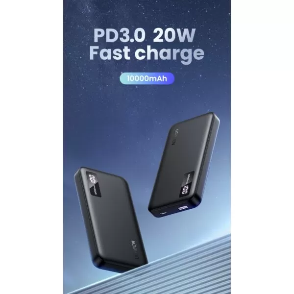 Ugreen power bank 10000mAh with PD and QC output ports. A powerful and portable charging solution with 20W fast charge support.